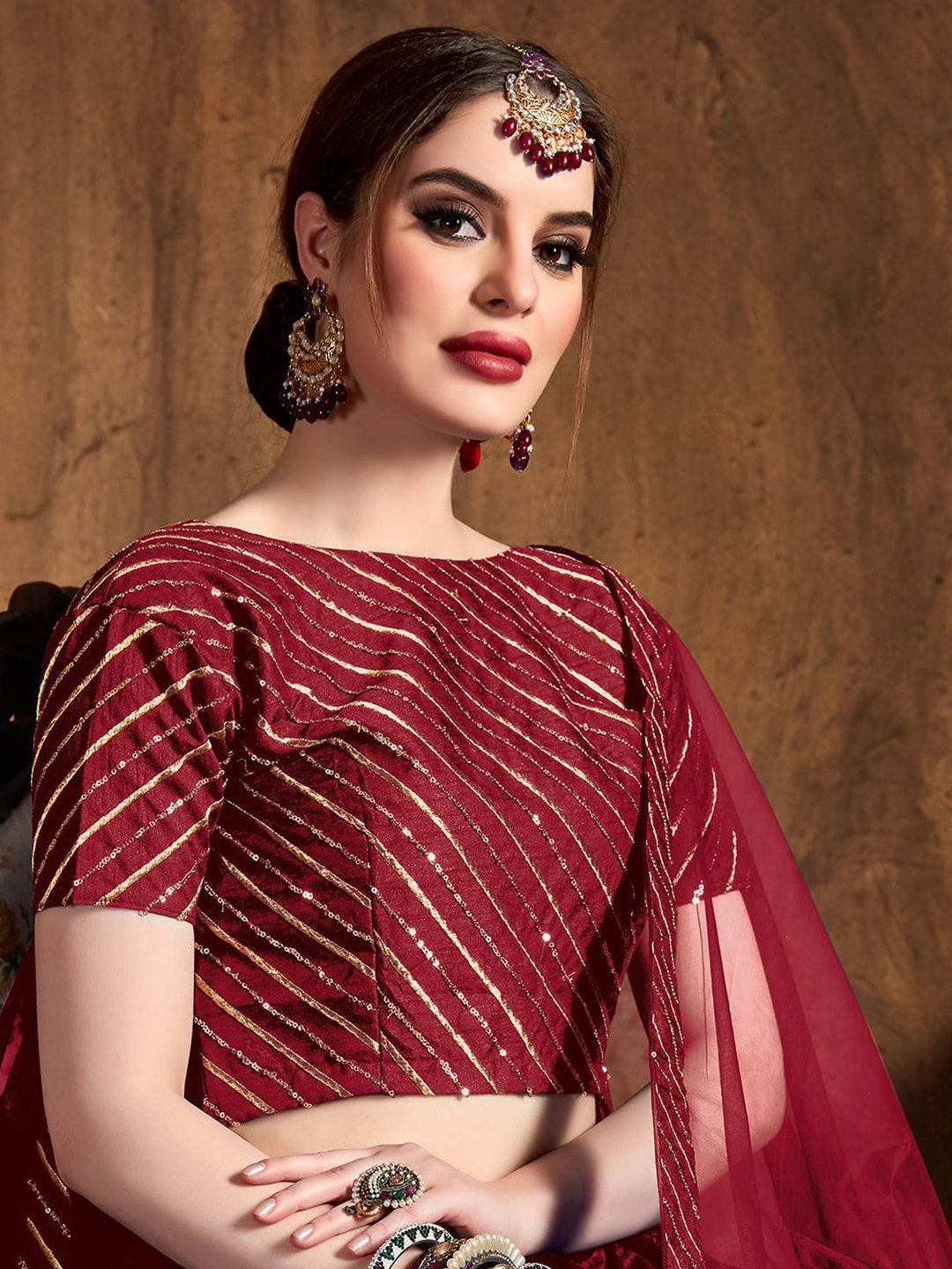 Red & Gold-Toned Embroidered Thread Work Semi-Stitched Lehenga &amp; Unstitched Blouse With Dupatta