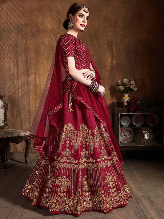 Red & Gold-Toned Embroidered Thread Work Semi-Stitched Lehenga &amp; Unstitched Blouse With Dupatta