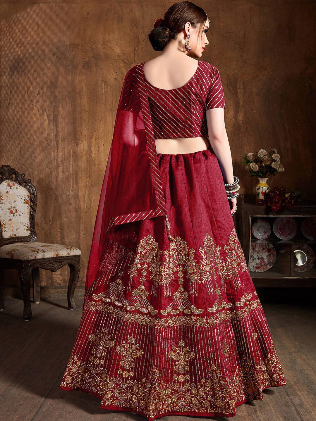 Red & Gold-Toned Embroidered Thread Work Semi-Stitched Lehenga &amp; Unstitched Blouse With Dupatta