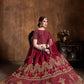 Red & Gold-Toned Embroidered Thread Work Semi-Stitched Lehenga &amp; Unstitched Blouse With Dupatta