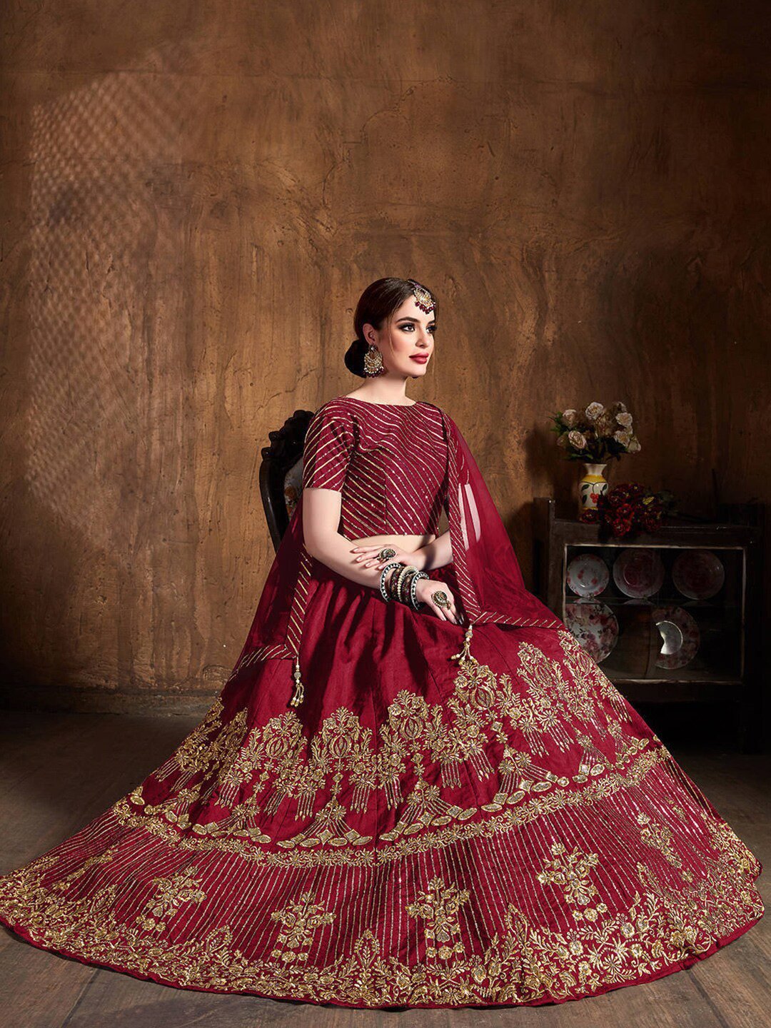Red & Gold-Toned Embroidered Thread Work Semi-Stitched Lehenga &amp; Unstitched Blouse With Dupatta