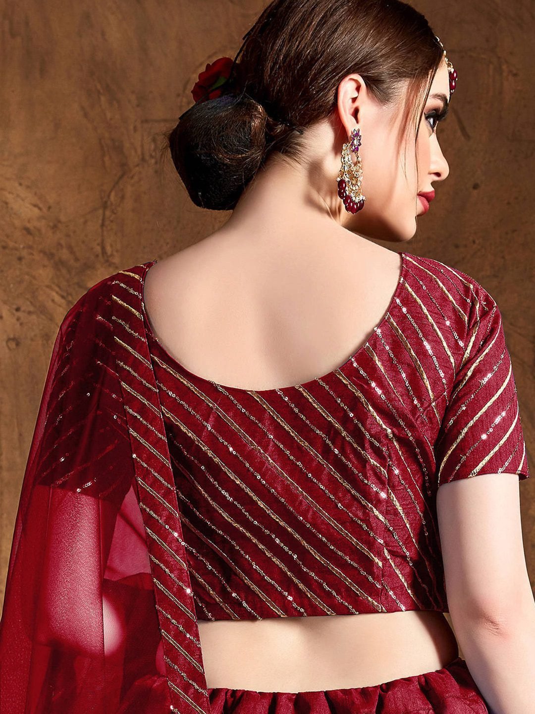 Red & Gold-Toned Embroidered Thread Work Semi-Stitched Lehenga &amp; Unstitched Blouse With Dupatta