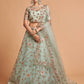 Sea Green & Peach-Coloured Embroidered Kalamkari Semi-Stitched Lehenga & Unstitched Blouse With