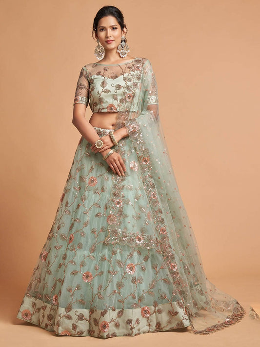 Sea Green & Peach-Coloured Embroidered Kalamkari Semi-Stitched Lehenga & Unstitched Blouse With