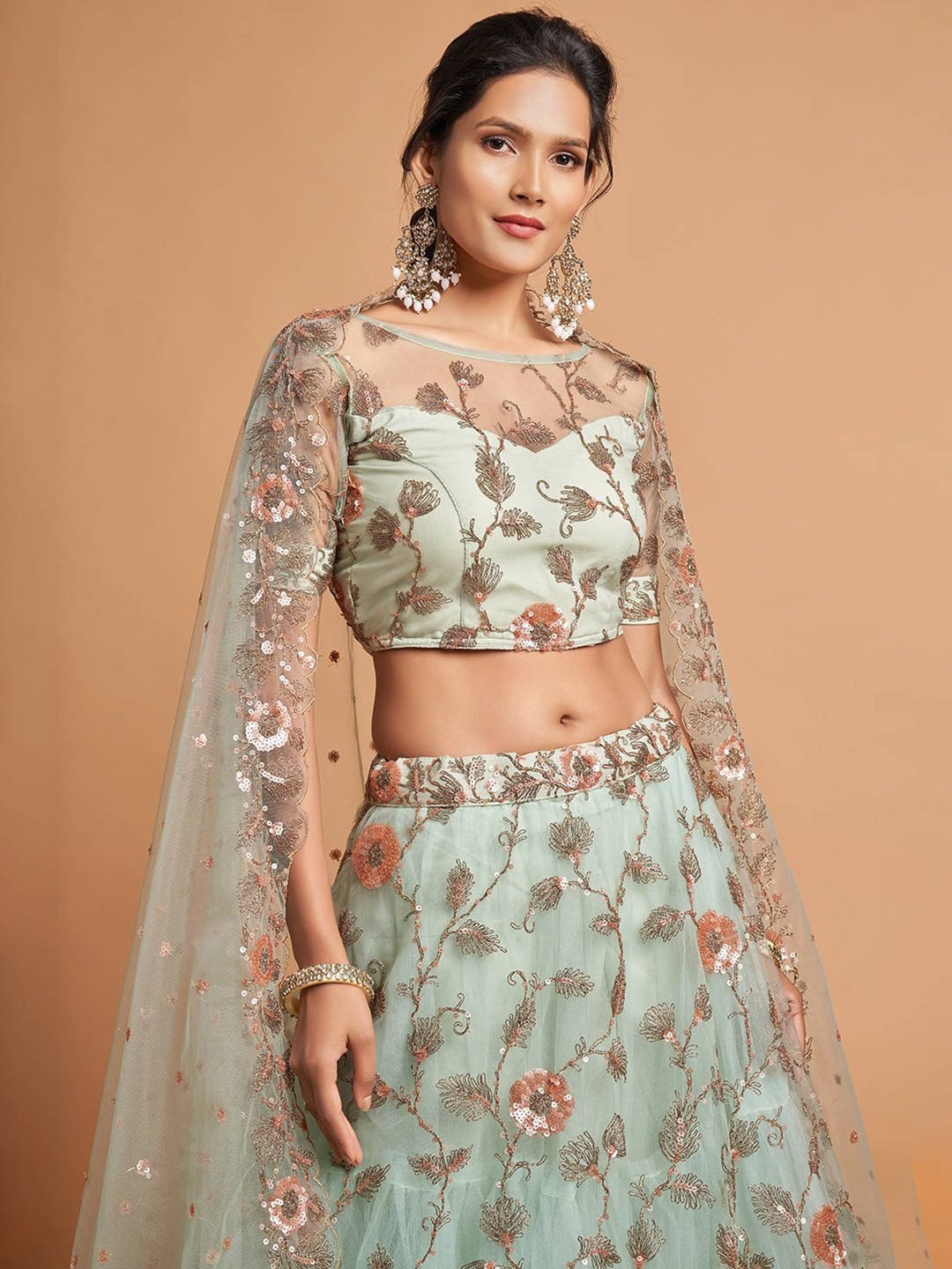 Sea Green & Peach-Coloured Embroidered Kalamkari Semi-Stitched Lehenga & Unstitched Blouse With