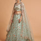 Sea Green & Peach-Coloured Embroidered Kalamkari Semi-Stitched Lehenga & Unstitched Blouse With