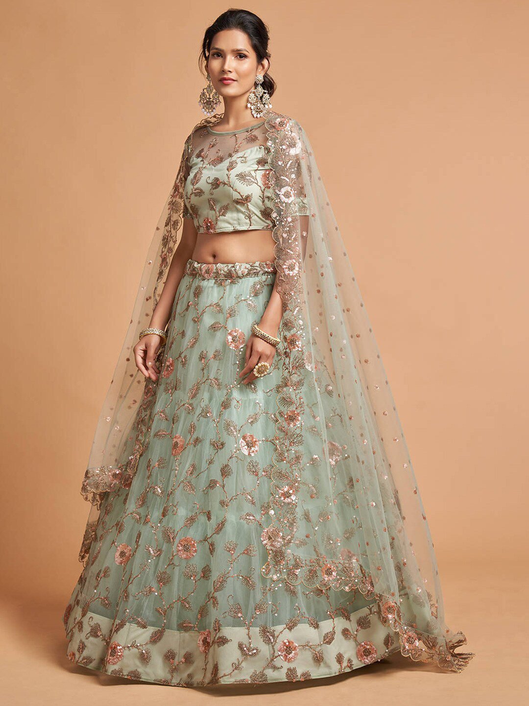 Sea Green & Peach-Coloured Embroidered Kalamkari Semi-Stitched Lehenga & Unstitched Blouse With