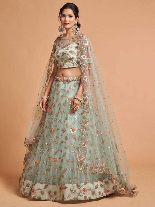 Sea Green & Peach-Coloured Embroidered Kalamkari Semi-Stitched Lehenga & Unstitched Blouse With