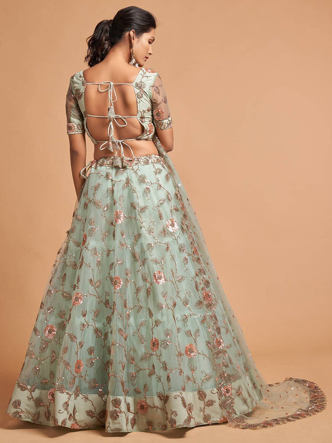 Sea Green & Peach-Coloured Embroidered Kalamkari Semi-Stitched Lehenga & Unstitched Blouse With