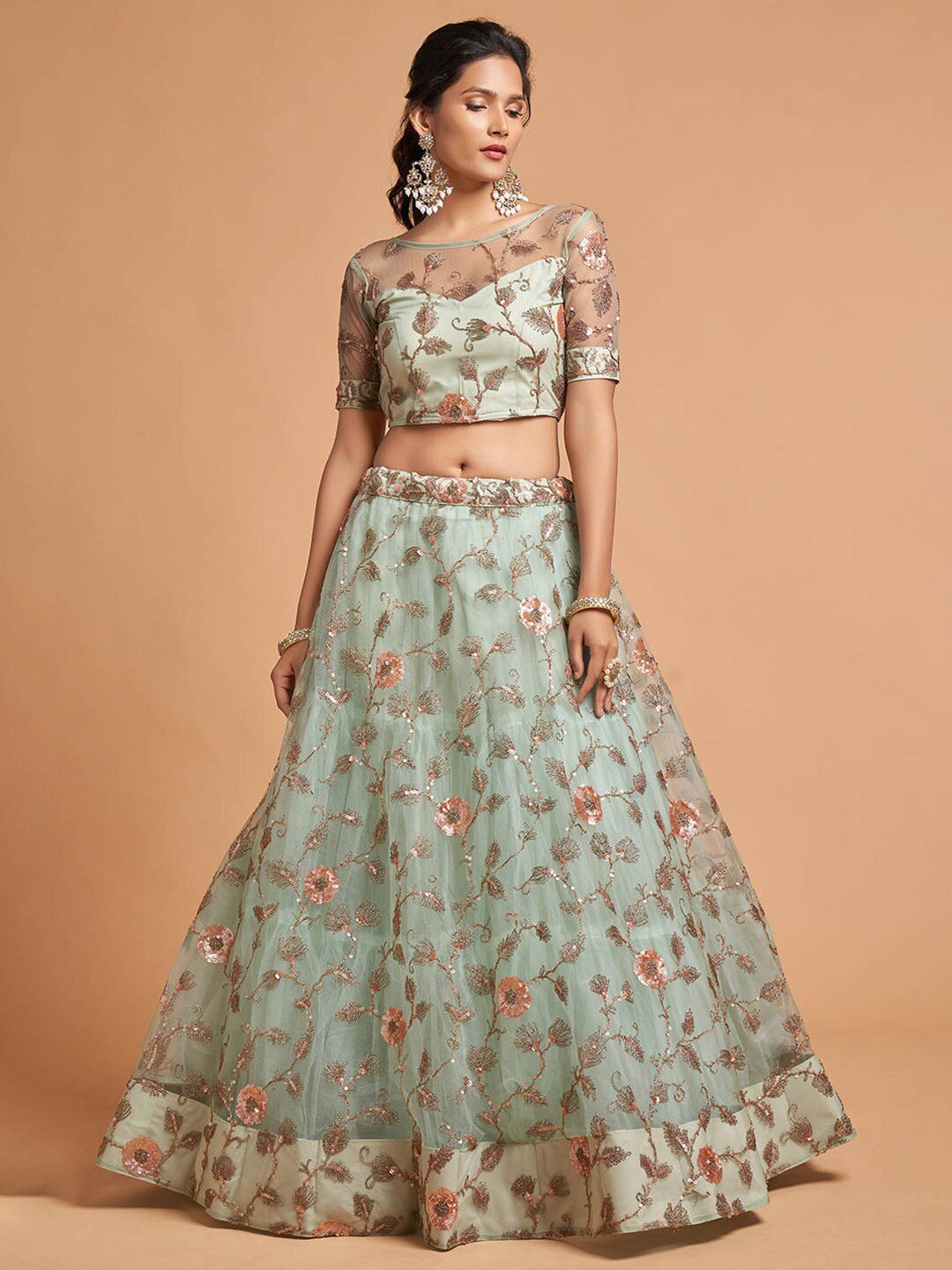 Sea Green & Peach-Coloured Embroidered Kalamkari Semi-Stitched Lehenga & Unstitched Blouse With