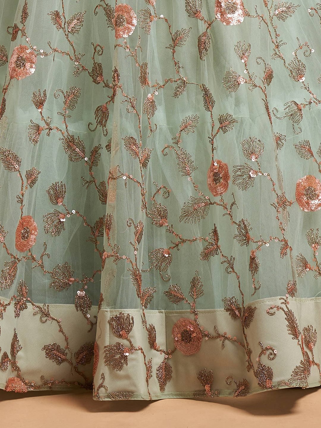 Sea Green & Peach-Coloured Embroidered Kalamkari Semi-Stitched Lehenga & Unstitched Blouse With