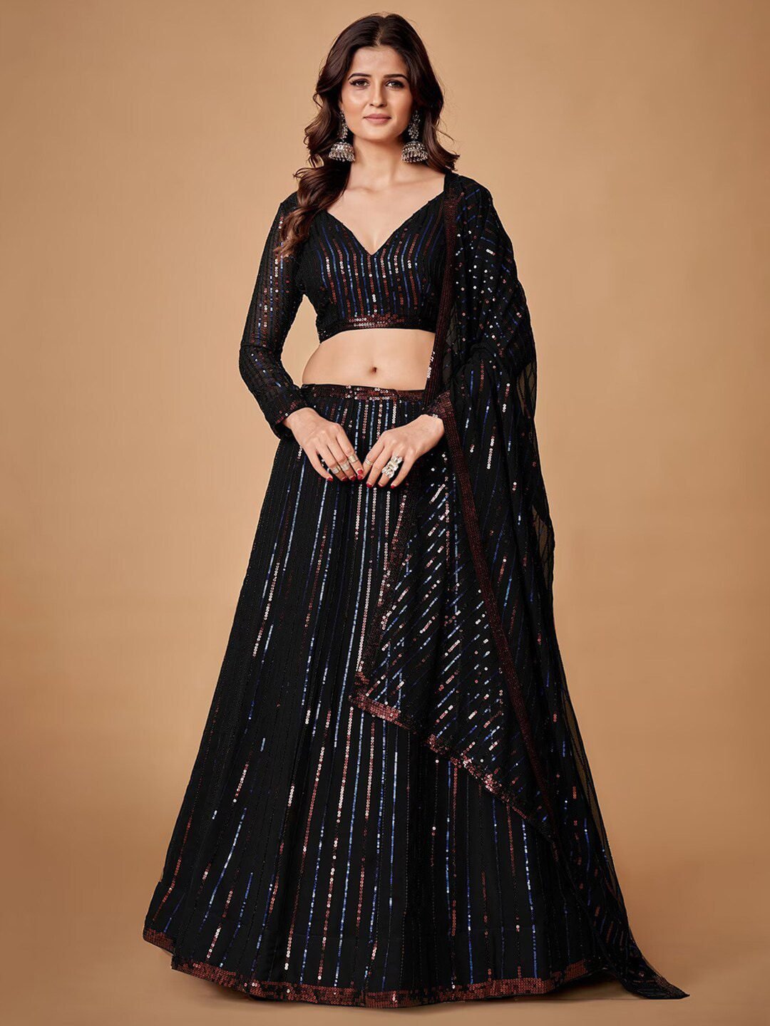 Sequin Embellished Semi-Stitched Lehenga & Unstitched Blouse With Dupatta