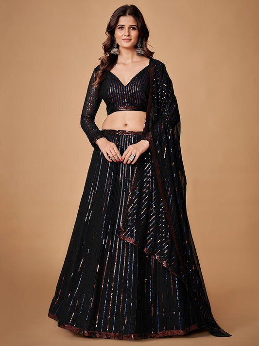 Sequin Embellished Semi-Stitched Lehenga & Unstitched Blouse With Dupatta