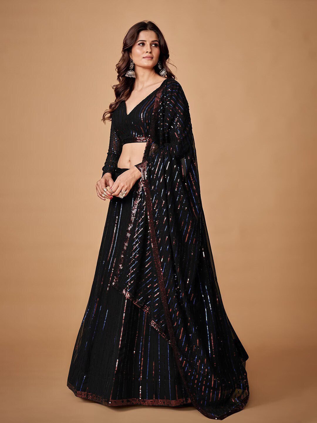 Sequin Embellished Semi-Stitched Lehenga & Unstitched Blouse With Dupatta