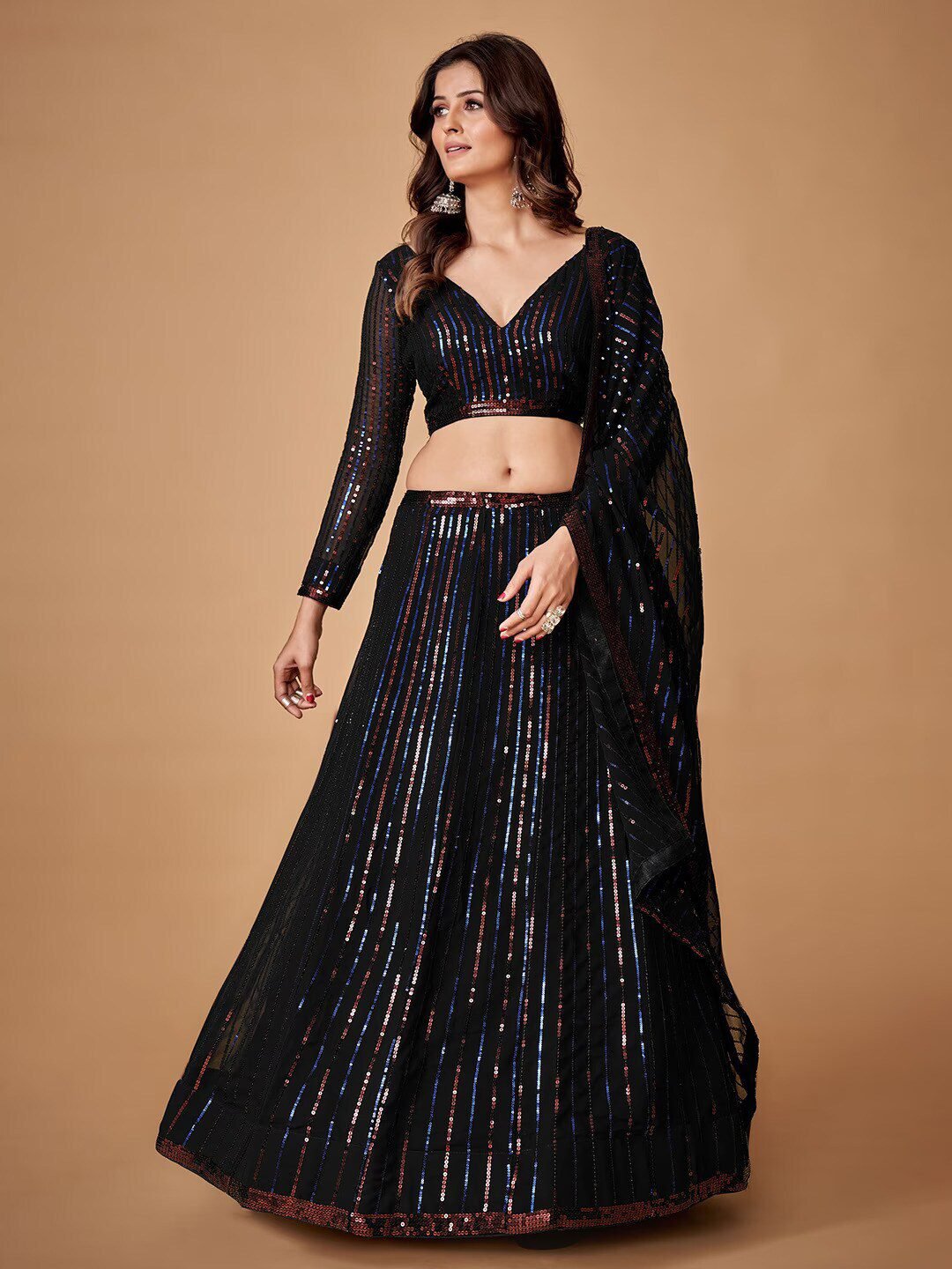Sequin Embellished Semi-Stitched Lehenga & Unstitched Blouse With Dupatta