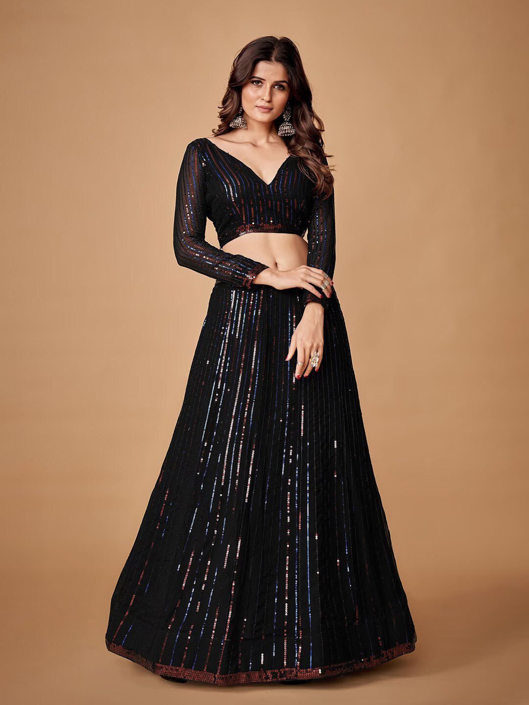 Sequin Embellished Semi-Stitched Lehenga & Unstitched Blouse With Dupatta
