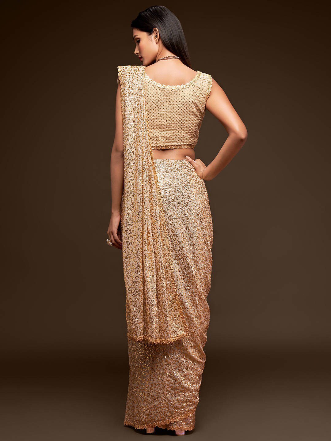 Ivory Fully Sequined Georgette Party Wear Saree