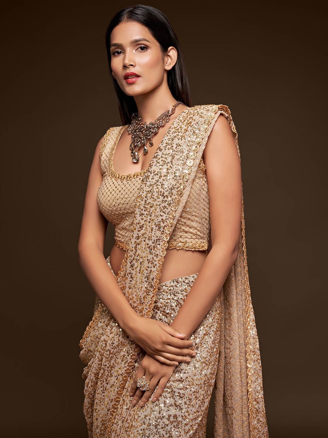 Ivory Fully Sequined Georgette Party Wear Saree