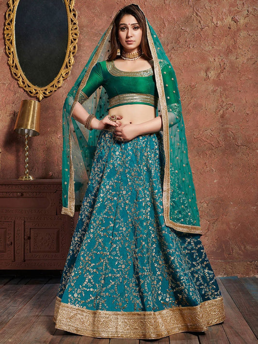 Turquoise Blue & Gold Embroidered Semi-Stitched Lehenga Choli With Dupatta