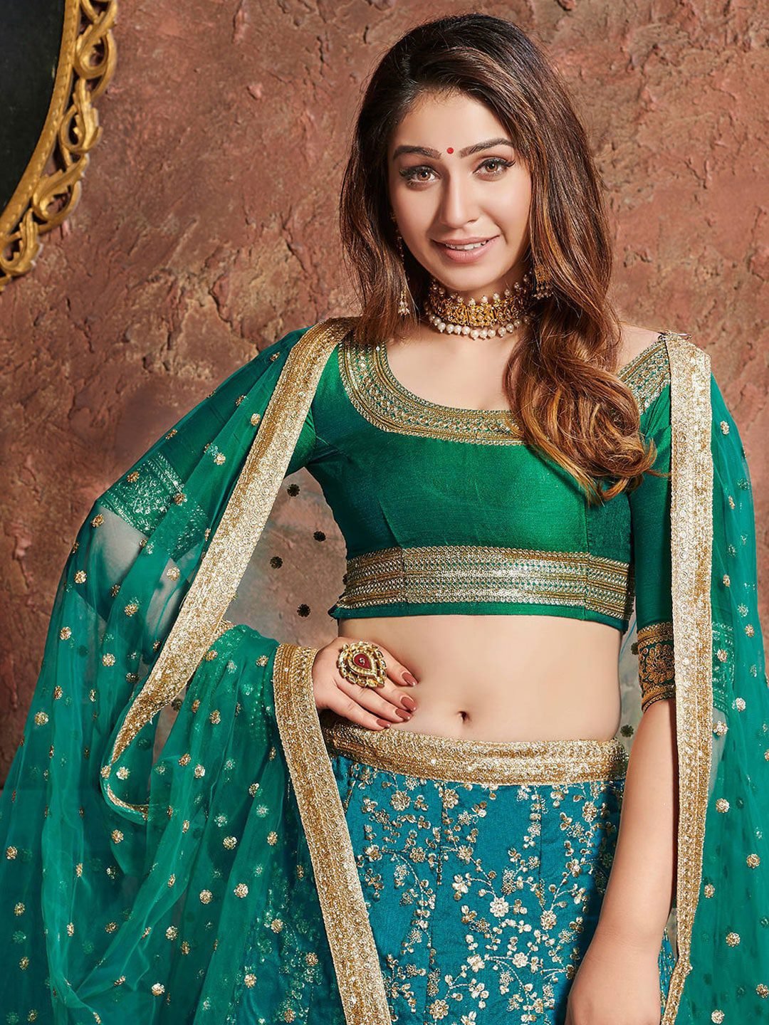Turquoise Blue & Gold Embroidered Semi-Stitched Lehenga Choli With Dupatta