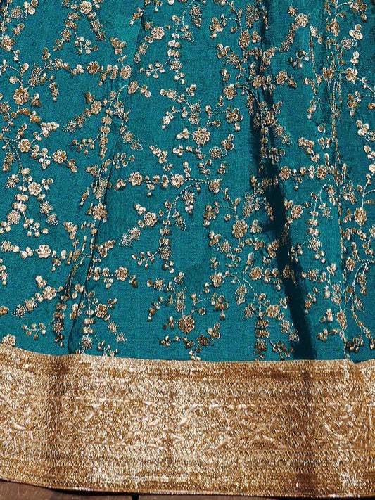 Turquoise Blue & Gold Embroidered Semi-Stitched Lehenga Choli With Dupatta