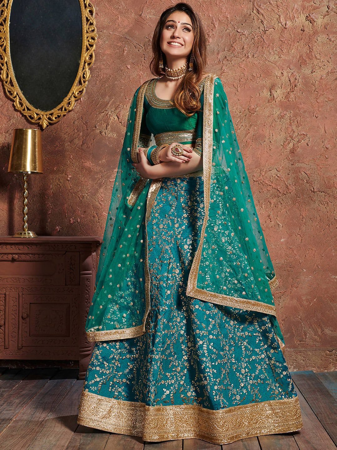 Turquoise Blue & Gold Embroidered Semi-Stitched Lehenga Choli With Dupatta