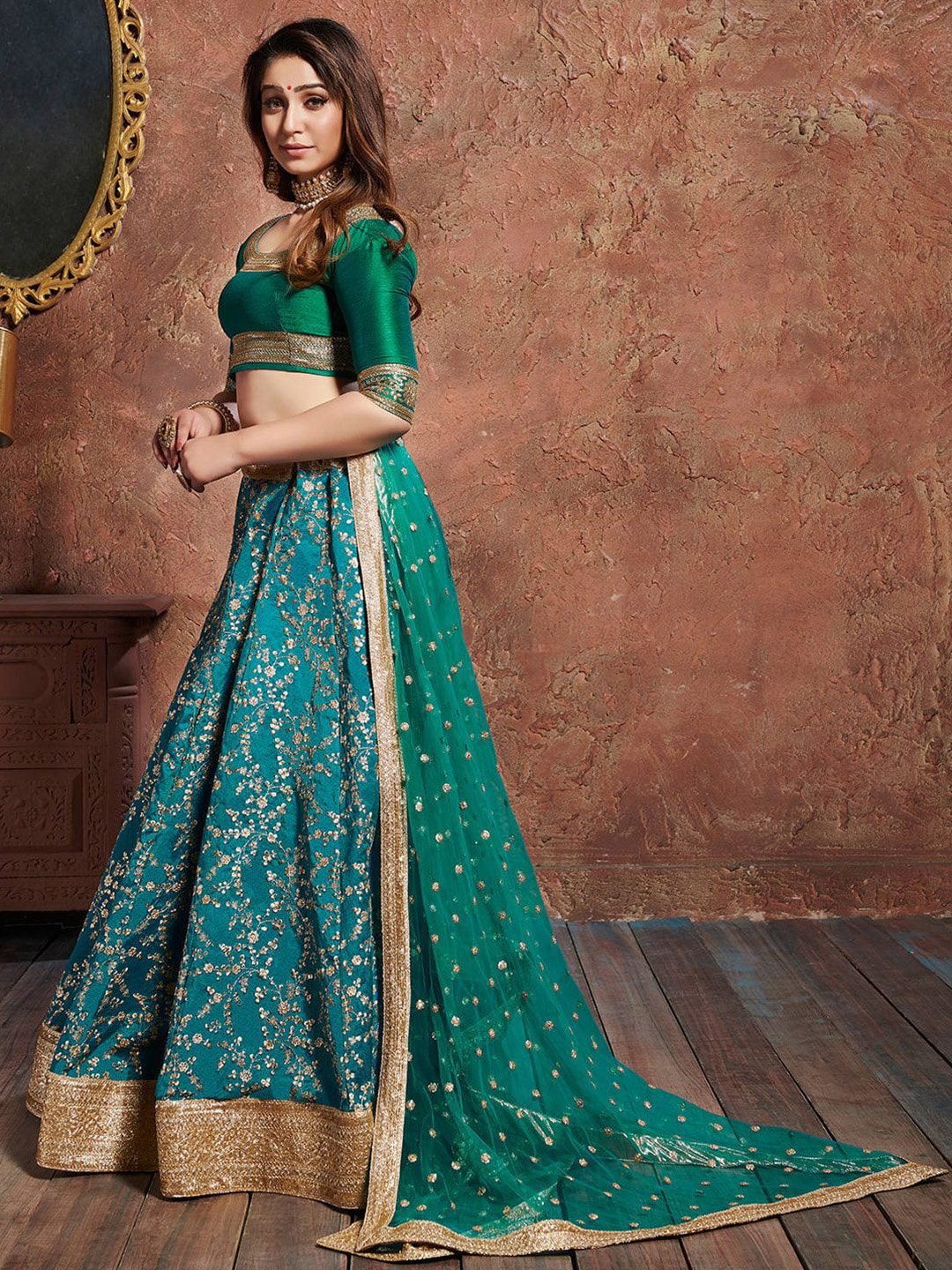 Turquoise Blue & Gold Embroidered Semi-Stitched Lehenga Choli With Dupatta