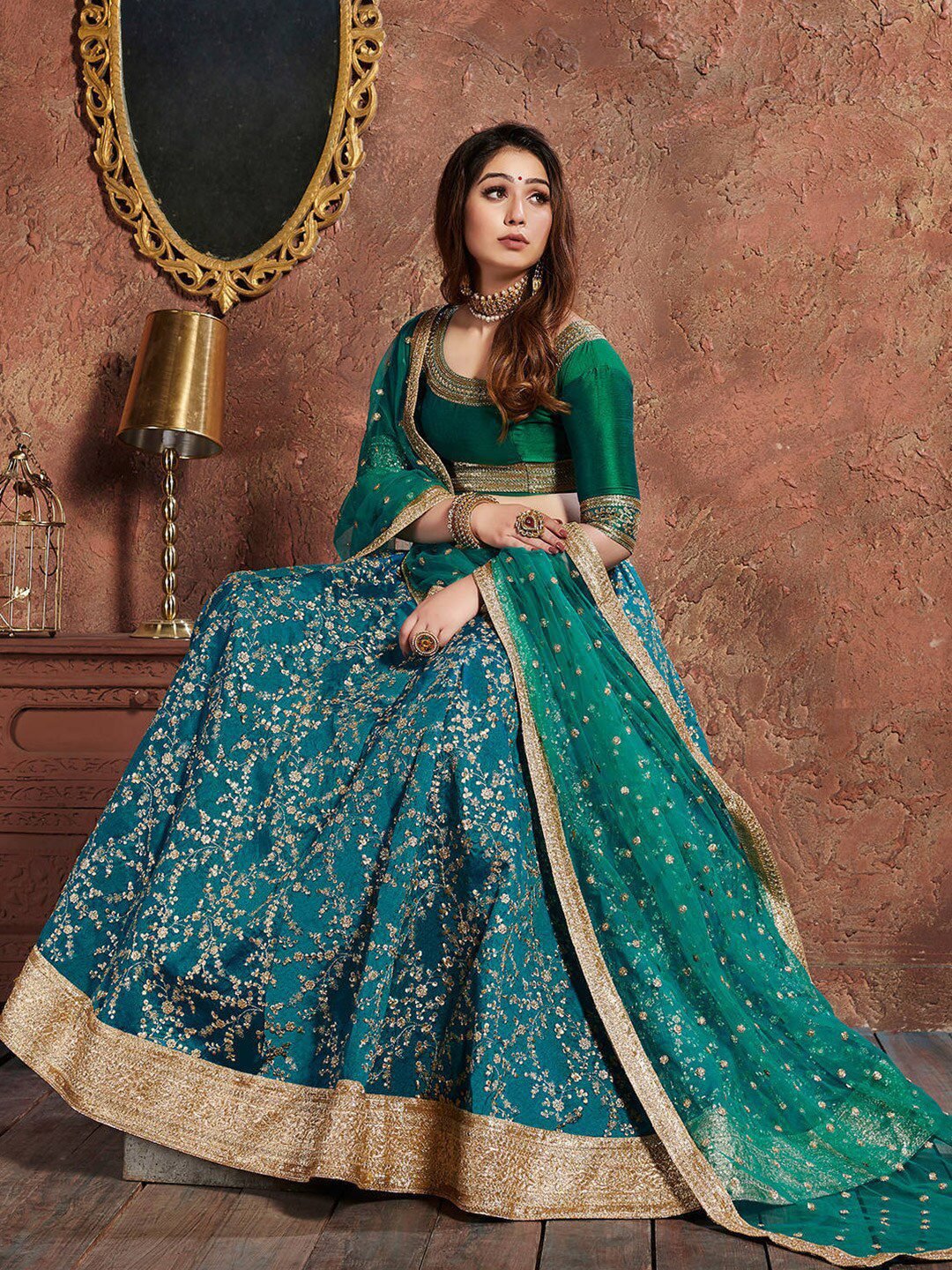 Turquoise Blue & Gold Embroidered Semi-Stitched Lehenga Choli With Dupatta