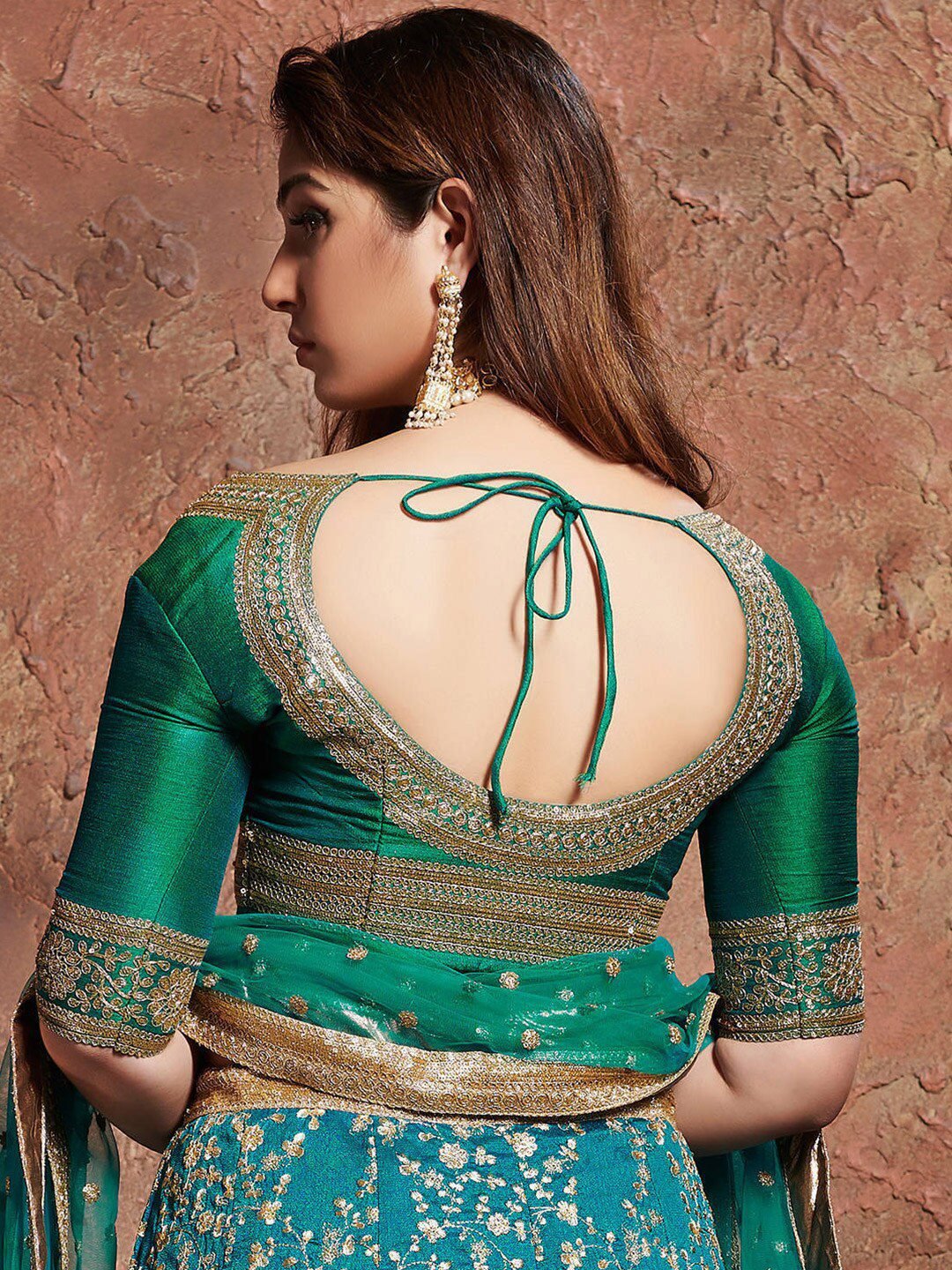 Turquoise Blue & Gold Embroidered Semi-Stitched Lehenga Choli With Dupatta