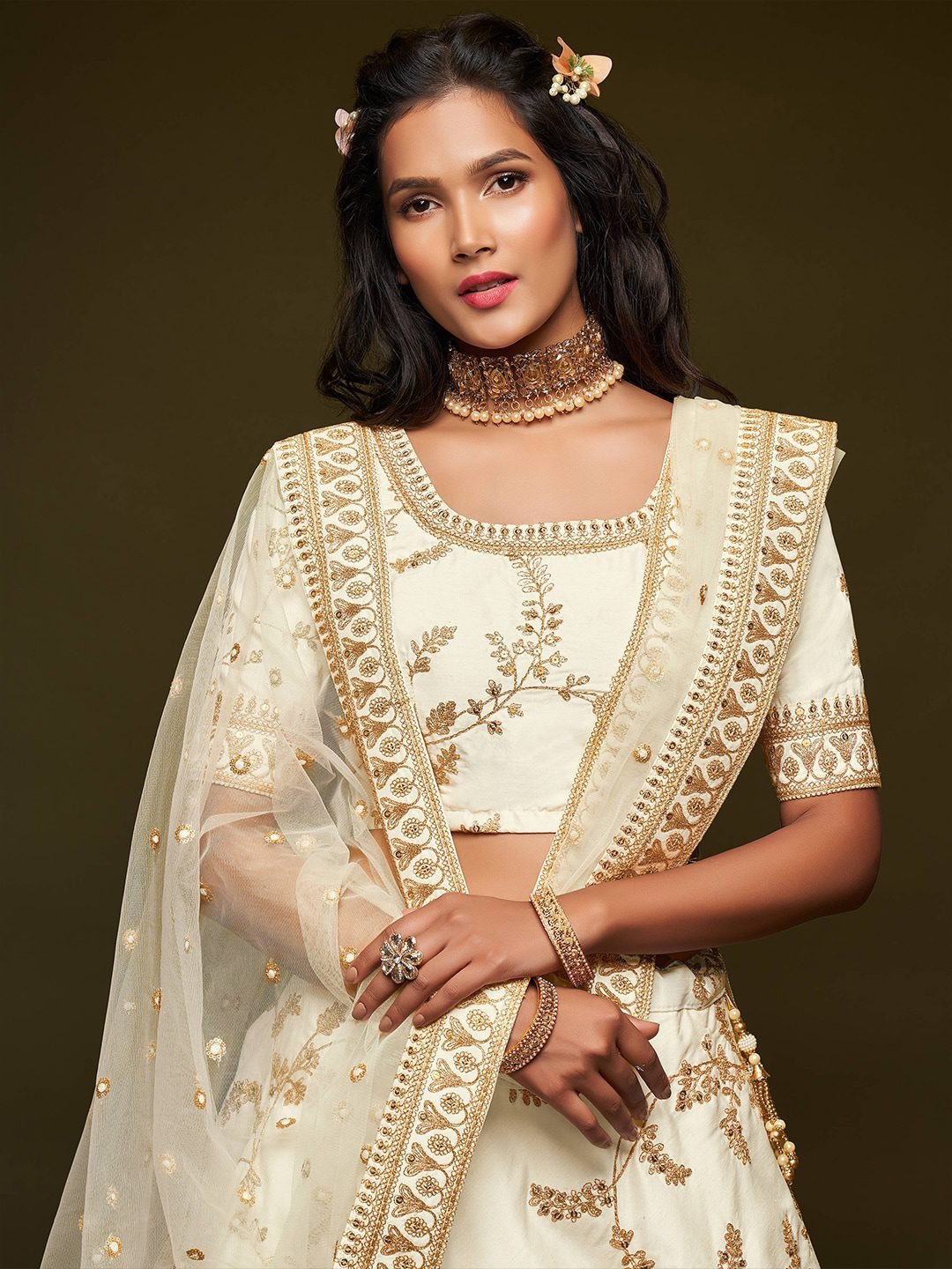 White Embroidered Sequinned Semi-Stitched Lehenga & Unstitched Choli & Dupatta