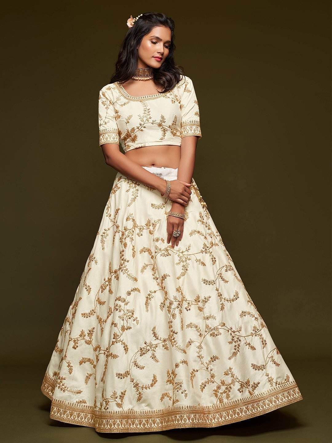 White Embroidered Sequinned Semi-Stitched Lehenga & Unstitched Choli & Dupatta