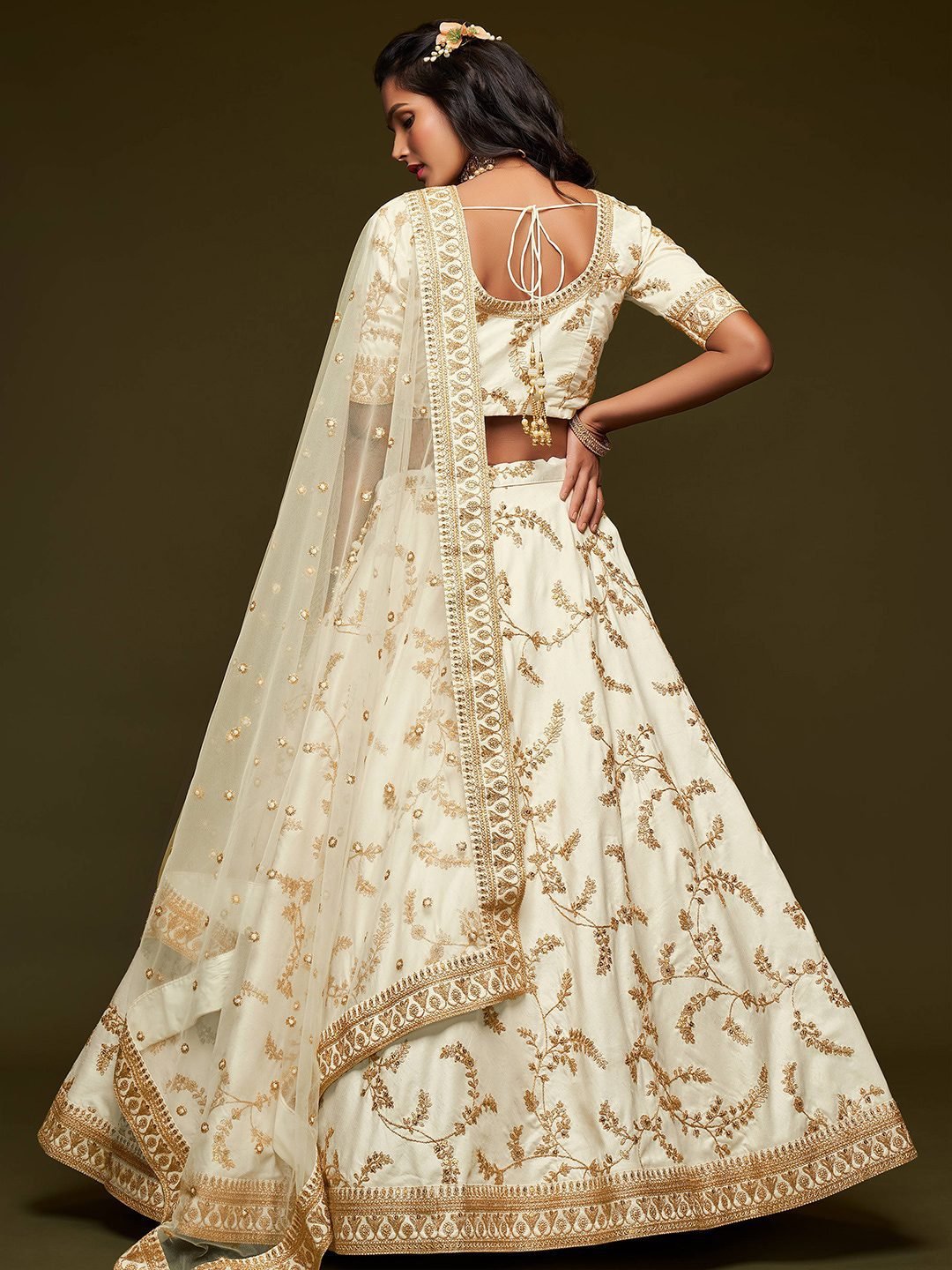 White Embroidered Sequinned Semi-Stitched Lehenga & Unstitched Choli & Dupatta