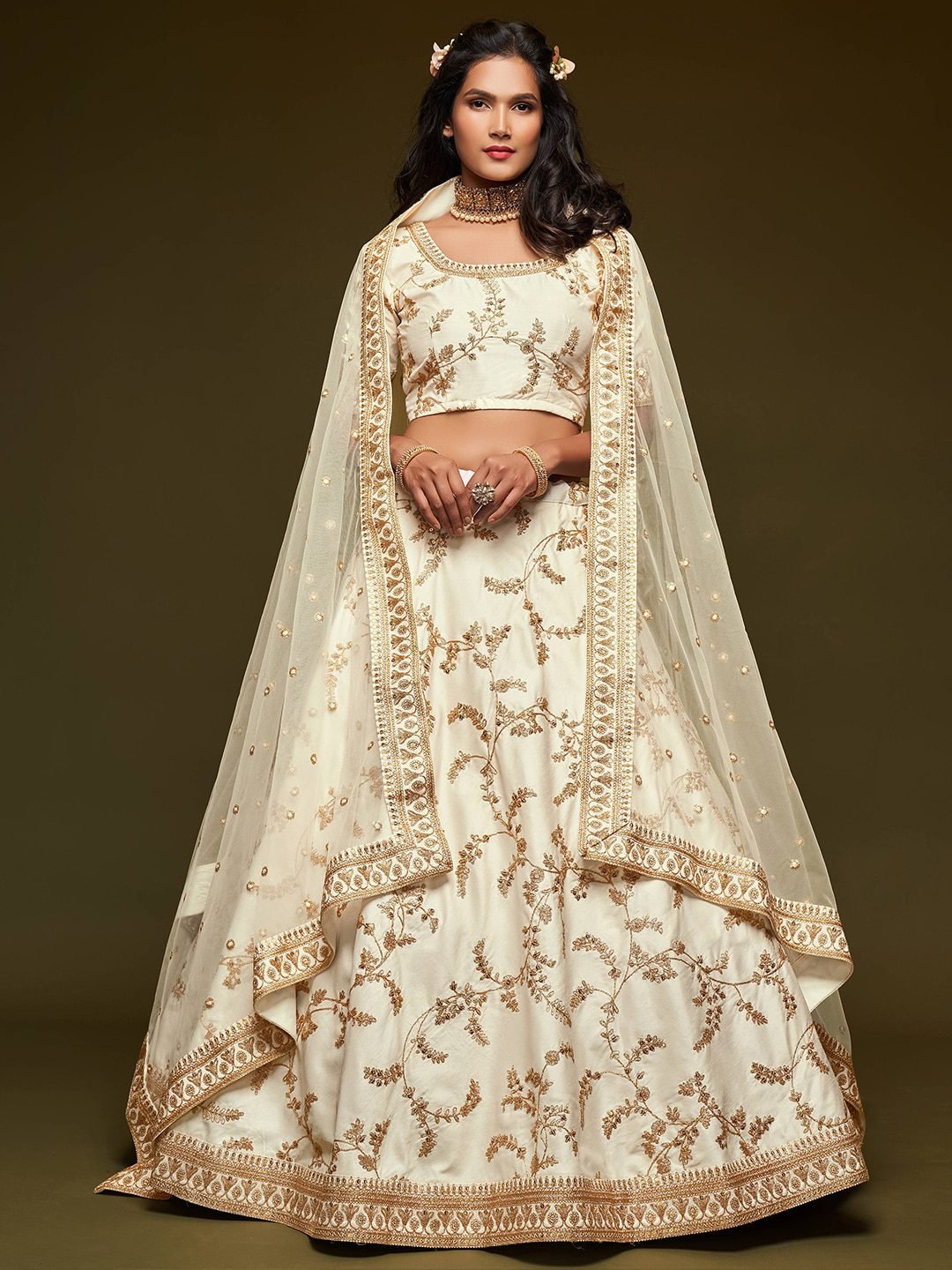 White Embroidered Sequinned Semi-Stitched Lehenga & Unstitched Choli & Dupatta