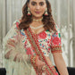 White & Red Printed Beads and Stones Semi-Stitched Lehenga & Unstitched Blouse With Dupatta