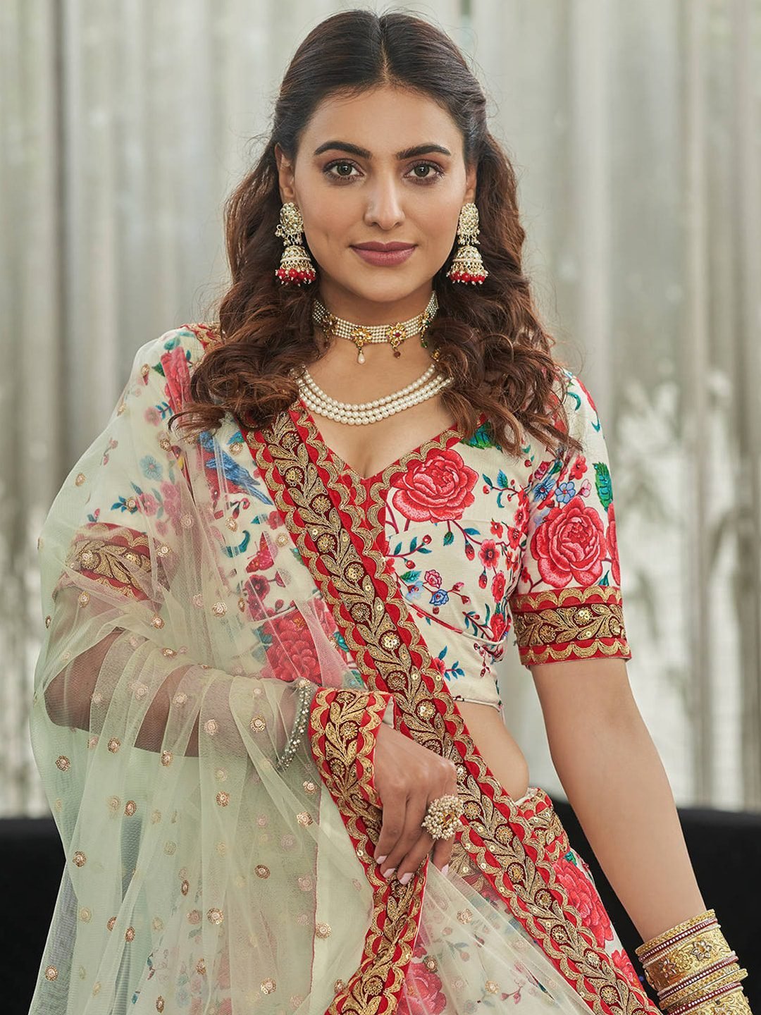 White & Red Printed Beads and Stones Semi-Stitched Lehenga & Unstitched Blouse With Dupatta