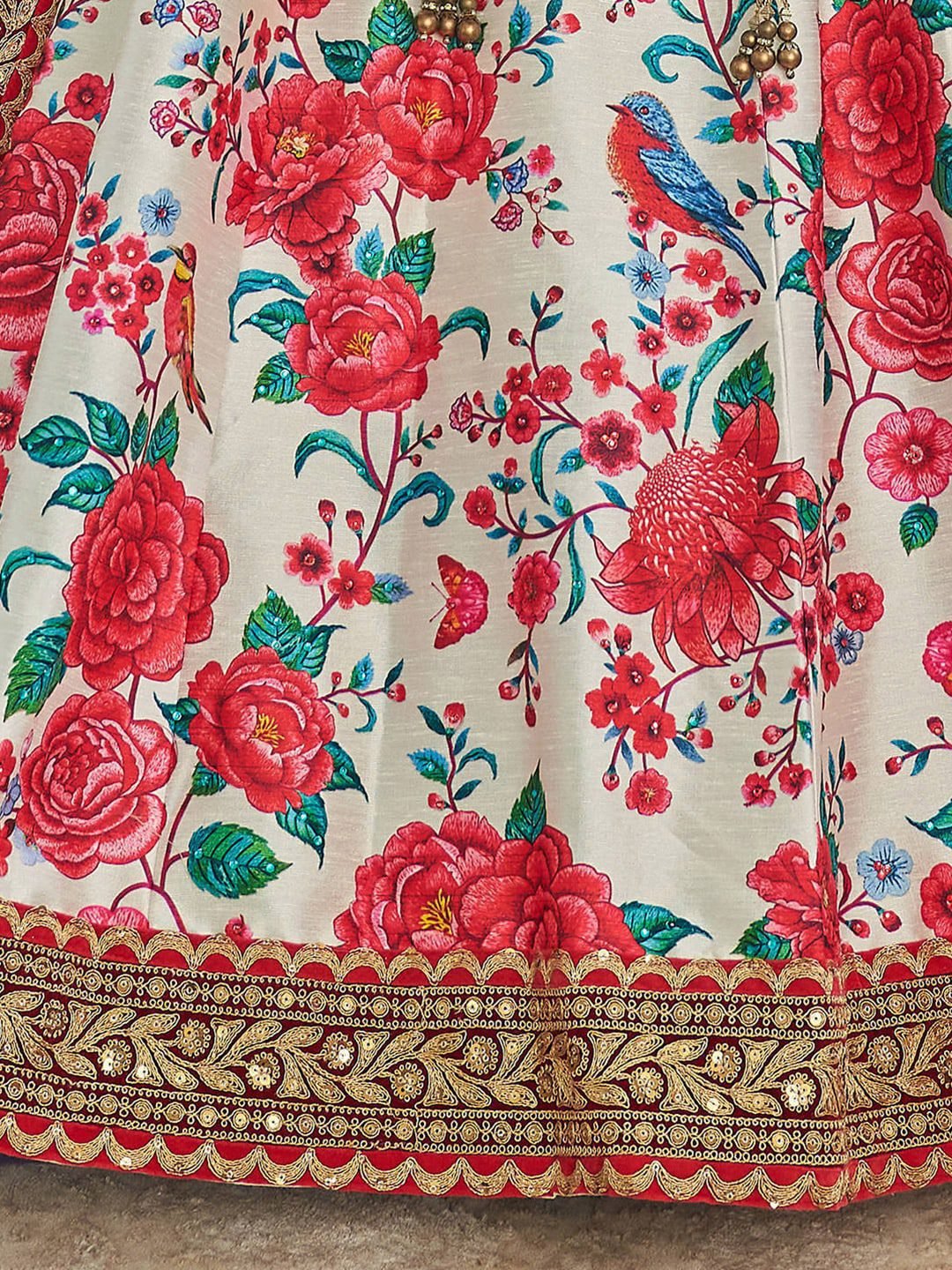 White & Red Printed Beads and Stones Semi-Stitched Lehenga & Unstitched Blouse With Dupatta