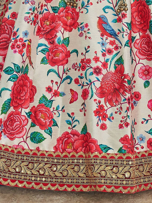White & Red Printed Beads and Stones Semi-Stitched Lehenga & Unstitched Blouse With Dupatta