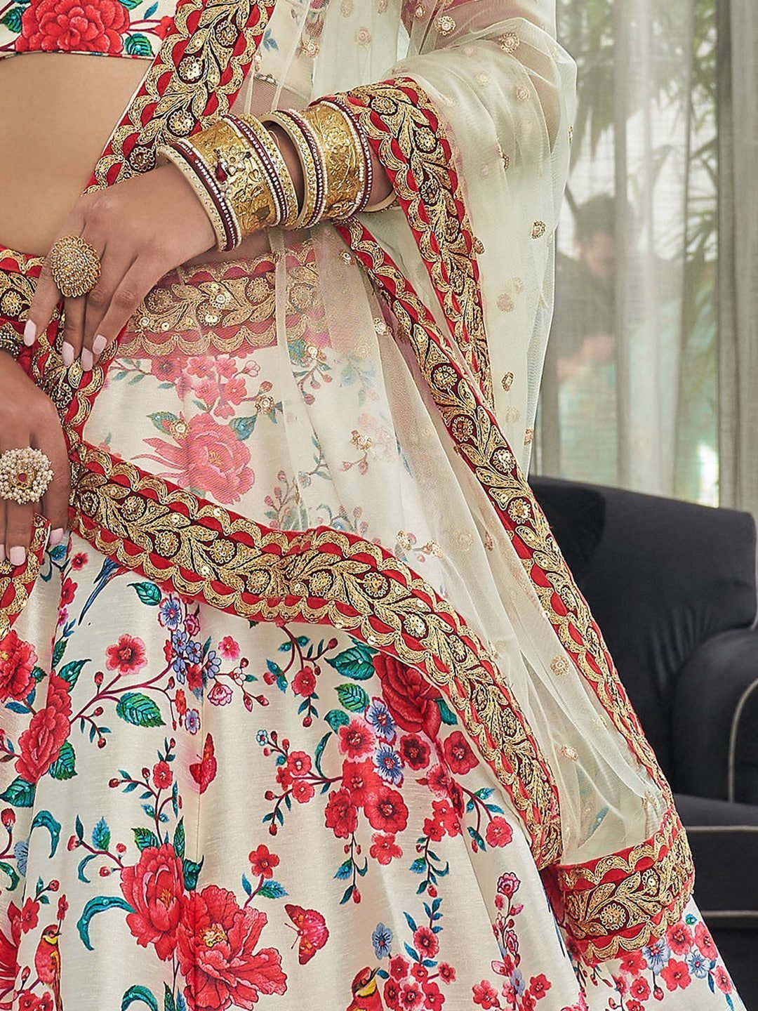 White & Red Printed Beads and Stones Semi-Stitched Lehenga & Unstitched Blouse With Dupatta
