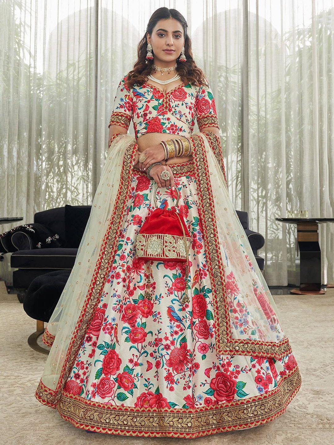 White & Red Printed Beads and Stones Semi-Stitched Lehenga & Unstitched Blouse With Dupatta