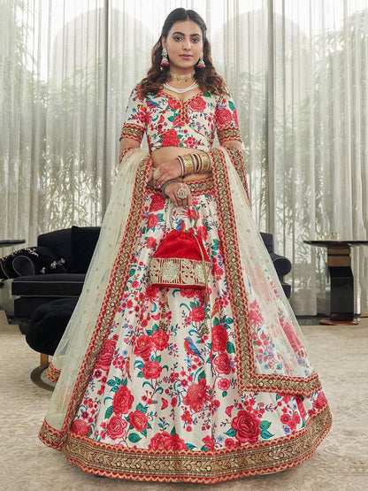 White & Red Printed Beads and Stones Semi-Stitched Lehenga & Unstitched Blouse With Dupatta