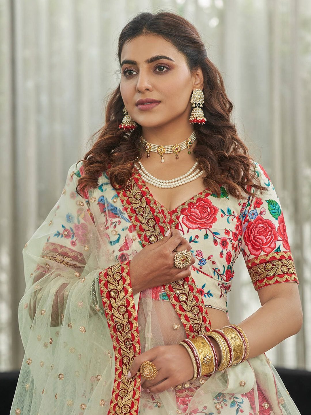 White & Red Printed Beads and Stones Semi-Stitched Lehenga & Unstitched Blouse With Dupatta