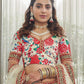 White & Red Printed Beads and Stones Semi-Stitched Lehenga & Unstitched Blouse With Dupatta