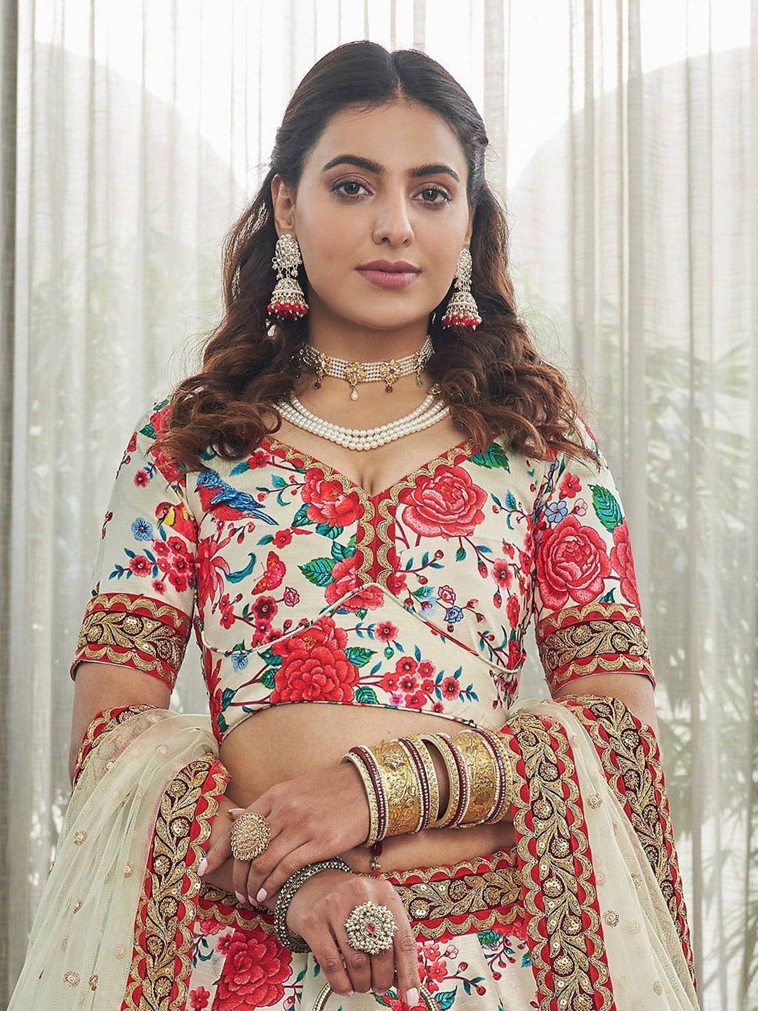 White & Red Printed Beads and Stones Semi-Stitched Lehenga & Unstitched Blouse With Dupatta