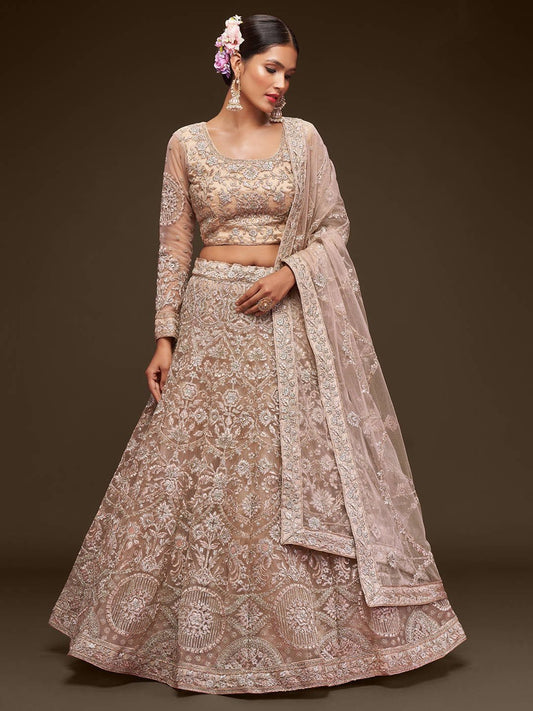 Women Beige & Silver-Toned Embroidered Semi-Stitched Lehenga Set