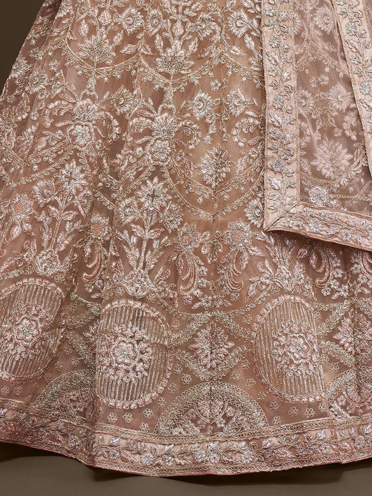 Women Beige & Silver-Toned Embroidered Semi-Stitched Lehenga Set