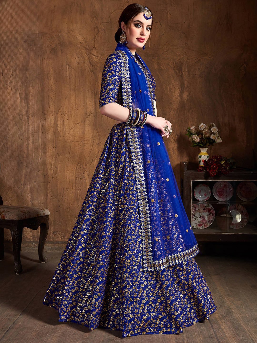 Women Blue & Gold Thread Work Semi-Stitched Lehenga & Unstitched Blouse & Dupatta