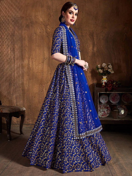 Women Blue & Gold Thread Work Semi-Stitched Lehenga & Unstitched Blouse & Dupatta