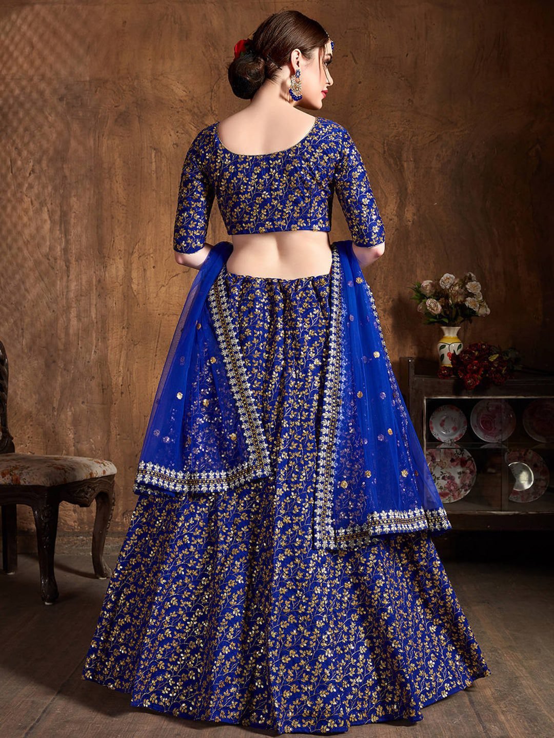 Women Blue & Gold Thread Work Semi-Stitched Lehenga & Unstitched Blouse & Dupatta