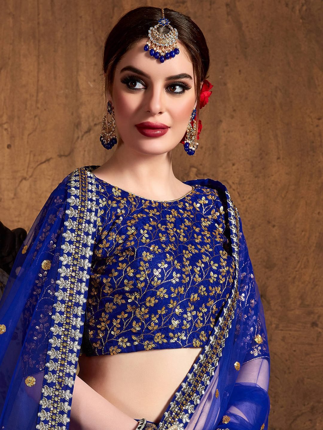 Women Blue & Gold Thread Work Semi-Stitched Lehenga & Unstitched Blouse & Dupatta