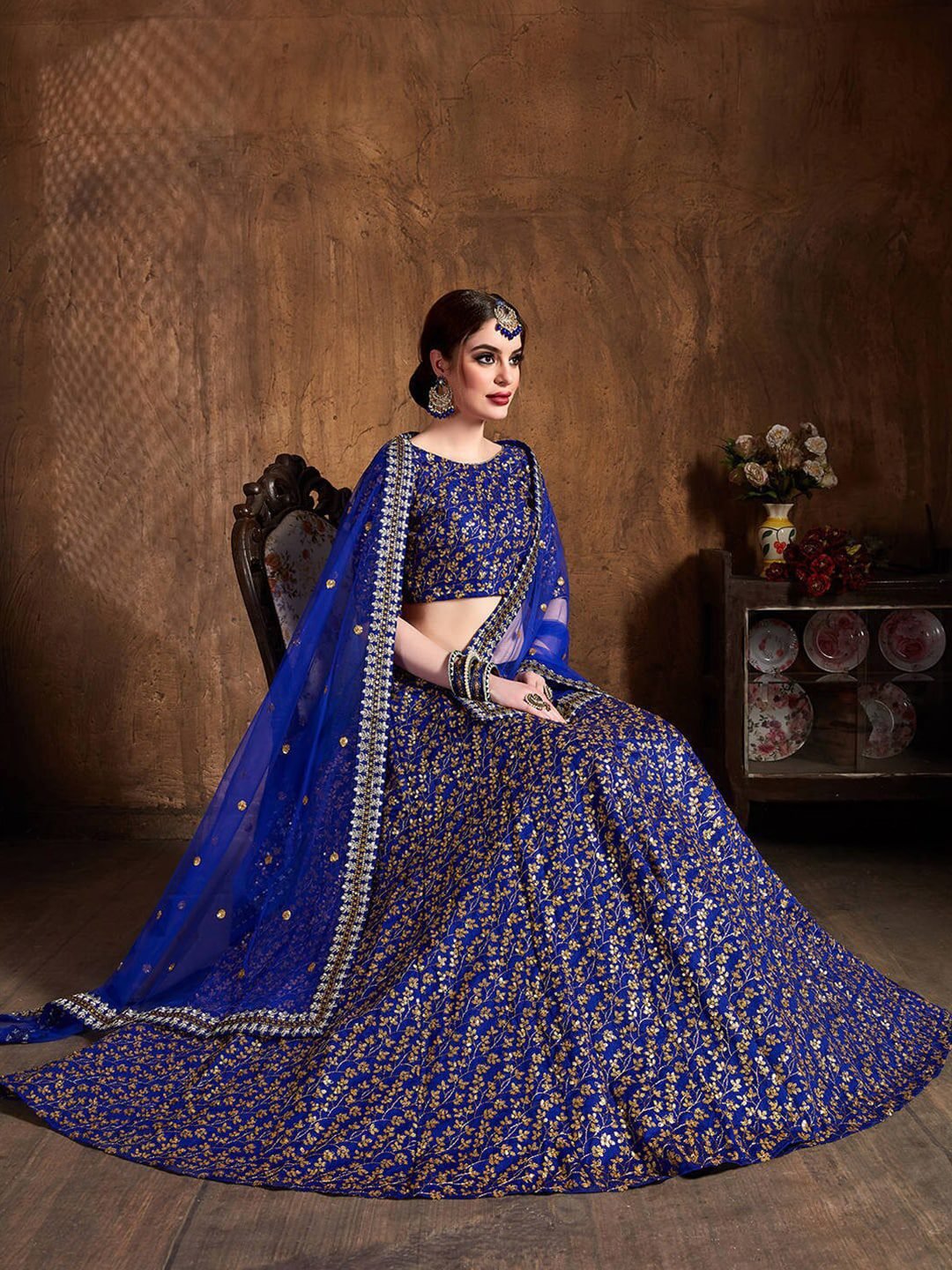 Women Blue & Gold Thread Work Semi-Stitched Lehenga & Unstitched Blouse & Dupatta